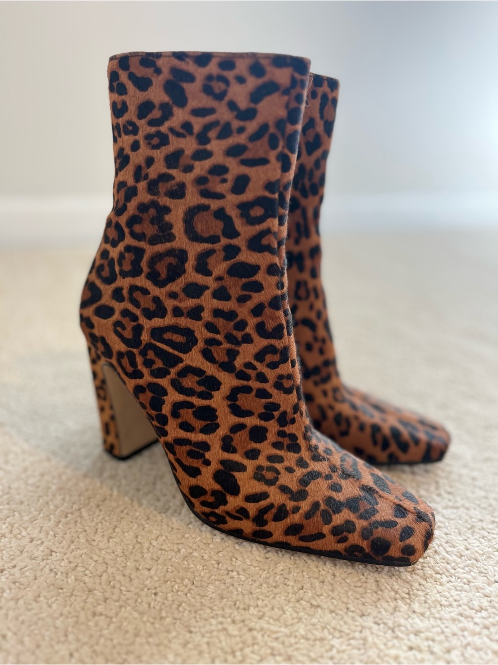 Leopard Print Block Heel Ankle Boots - Brown/Black